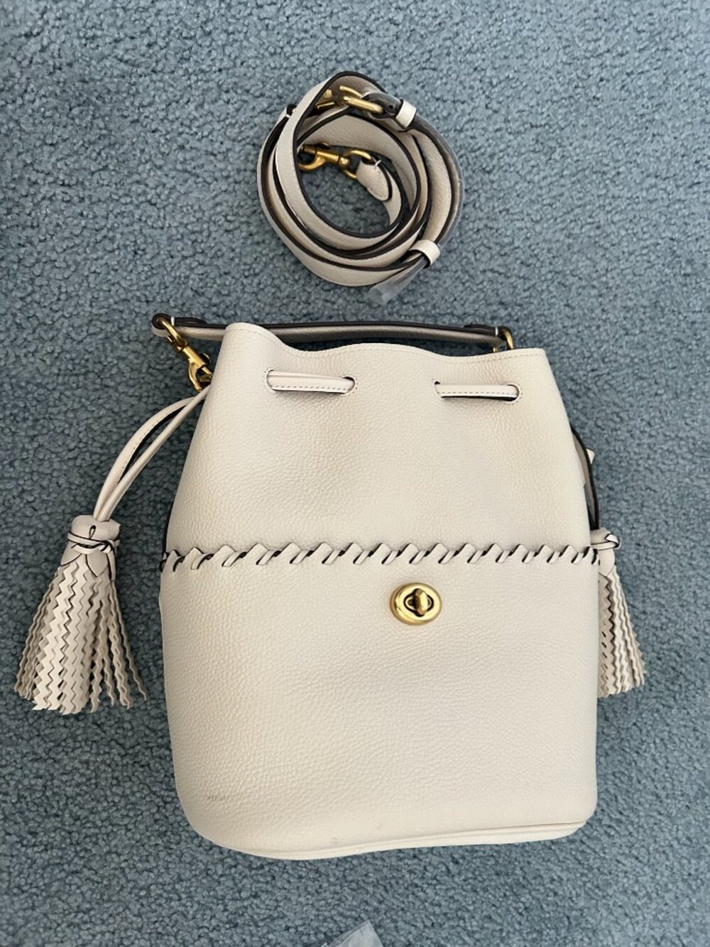 Coach White Pebbled Leather Bucket Bag Crossbody Tassel
